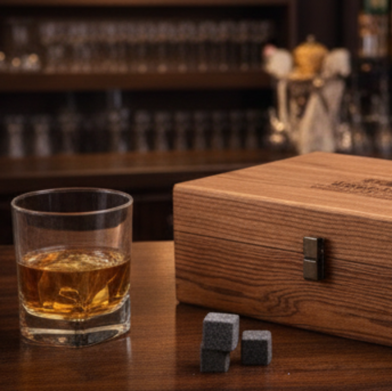 Collage of a whiskey set with glasses, stones, and a wooden box on a bar.