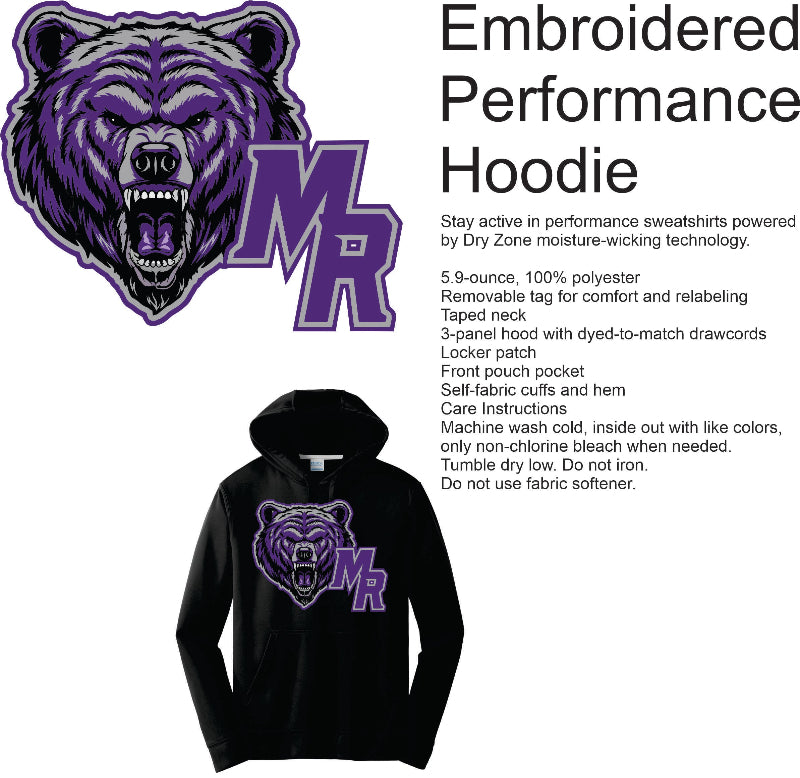 Black hoodie with blue bear logo and 'MR' initials on a white background