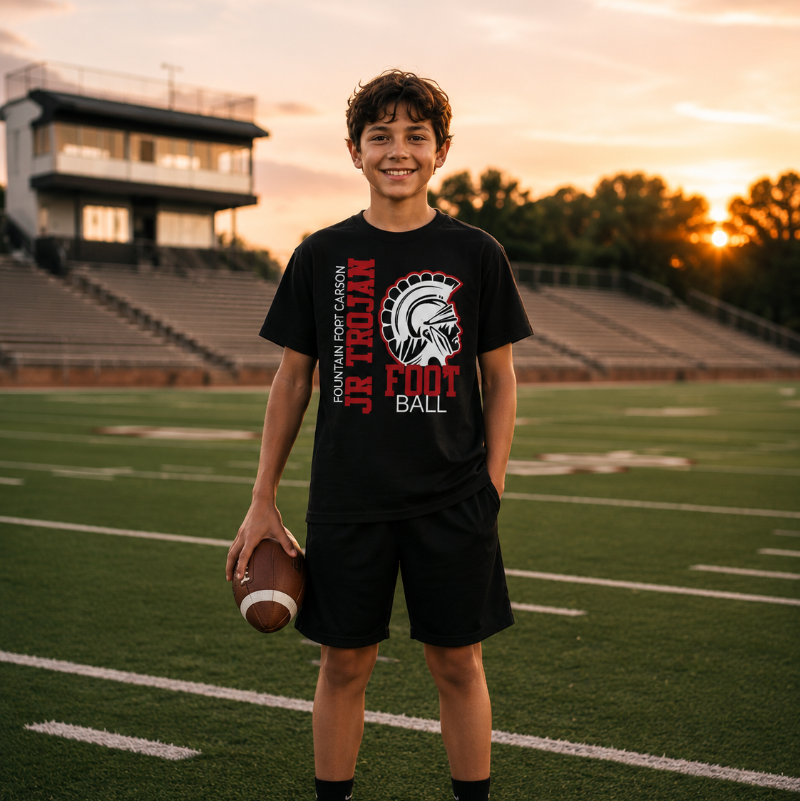 A young boy stands on a football field at sunset wearing a black short-sleeve t-shirt with a red and white graphic that reads 'JOHNNIE GARY FOOTBALL' and holding a football.