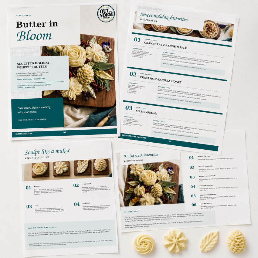 A styled flat-lay of printed pasta recipe cards and guides from Cut Norm Pasta & Pizza, featuring cream-colored pages with teal and black text, decorative pasta swirls, and photos of sculpted butter and pasta on a white background.