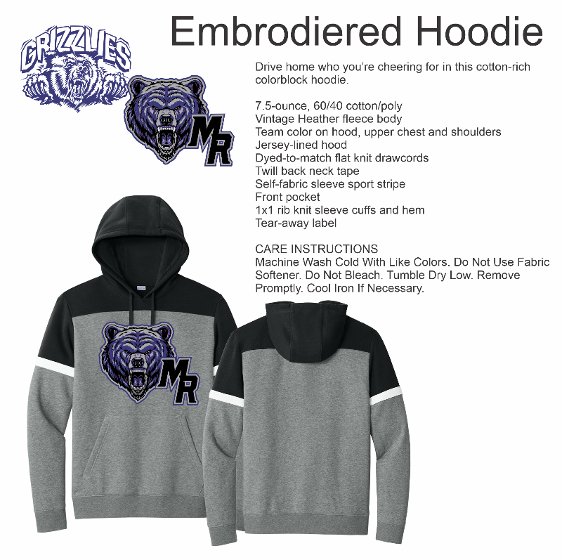 Embroidered hoodie with bear logo and text on a white background