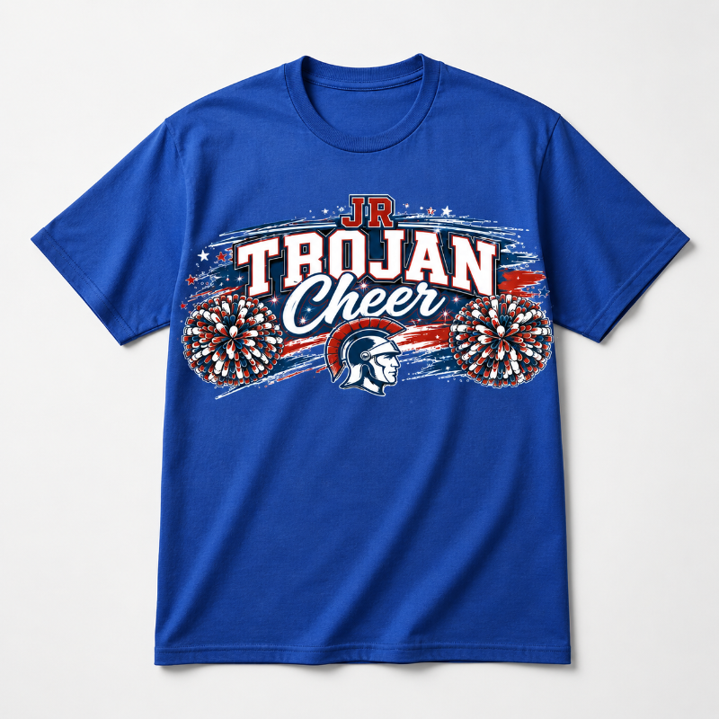 A royal blue short-sleeve crewneck t-shirt featuring a 'JR TROJAN Cheer' graphic on the chest with red, white, and blue patriotic designs, stars, and a Spartan helmet logo, shown on a light gray background.