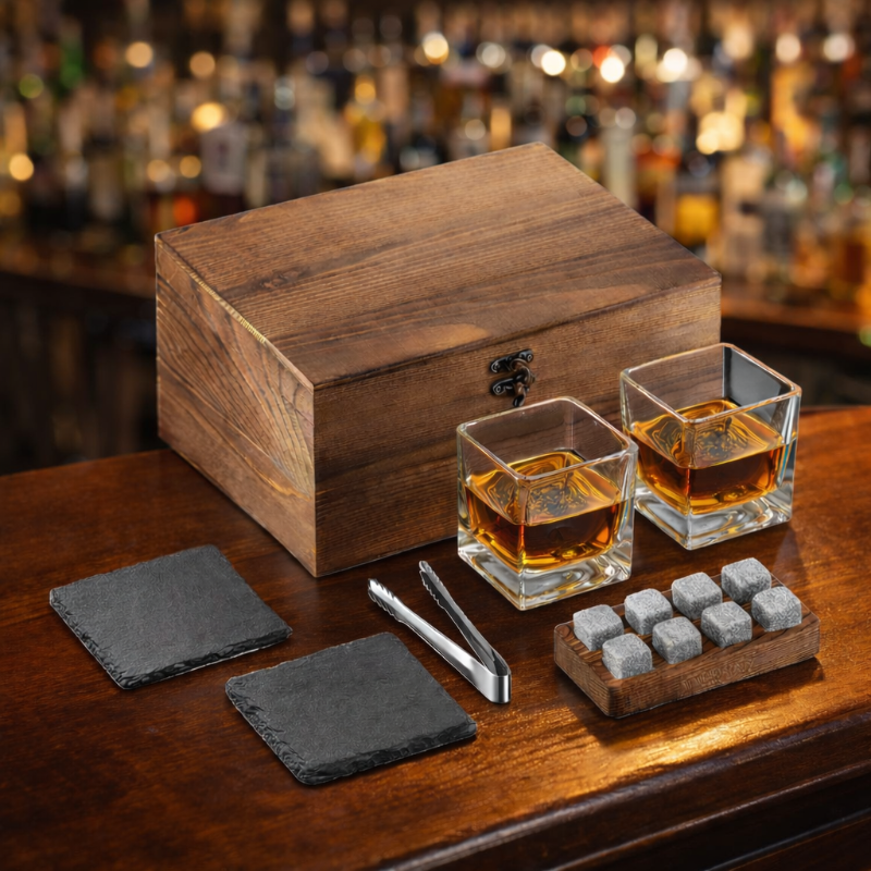 Wooden whiskey box with glasses, coasters, and stones on a bar counter.