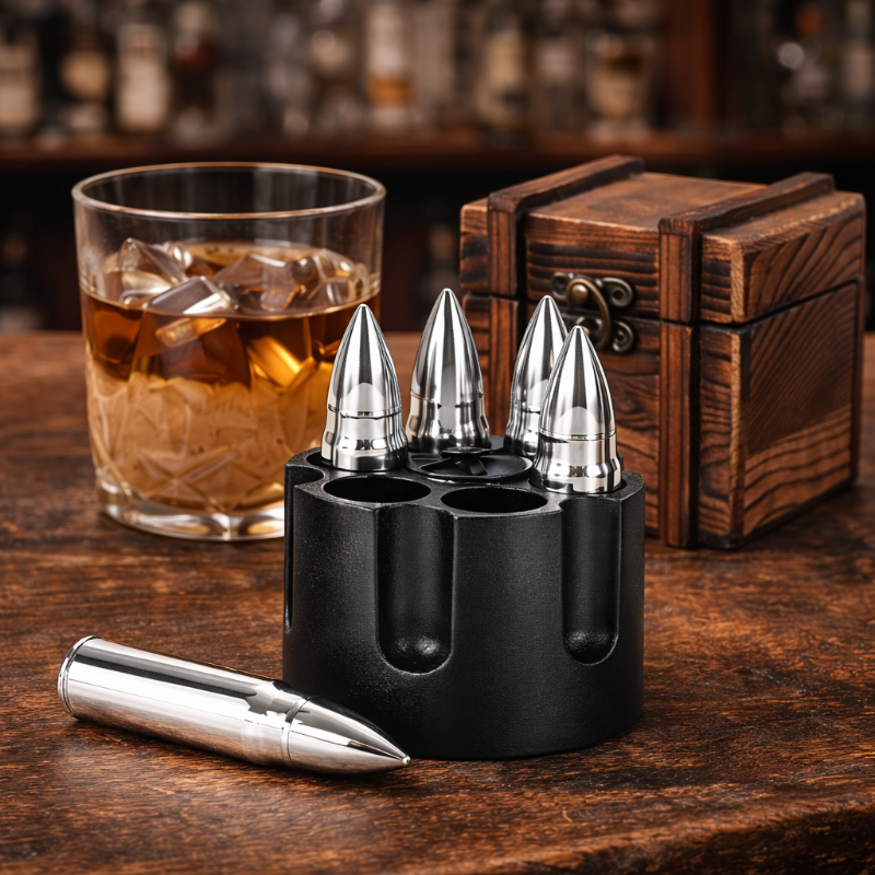 Bullet Whiskey Stones with Vintage Wooden Case, Stainless Steel Ice Cubes, Whiskey Gift Set for Men, Dad, Husband, Boyfriend