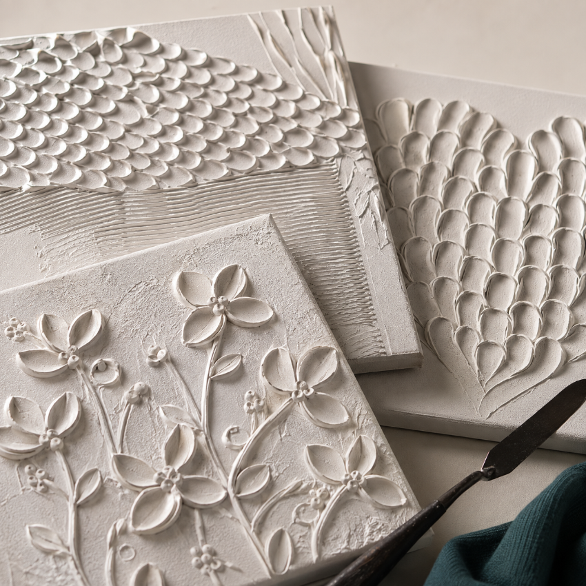 Three textured white ceramic wall art panels with embossed floral and leaf patterns, arranged on a light surface with a metal palette knife and teal fabric visible.
