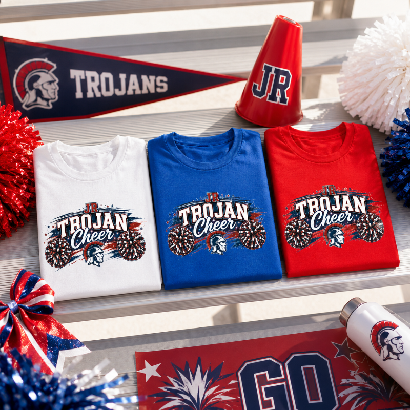 Three folded graphic T-shirts in white, blue, and red are displayed on white steps, surrounded by red, white, and blue cheerleader props, a navy pennant reading TROJANS, a red cone with JR, and other patriotic team decorations.