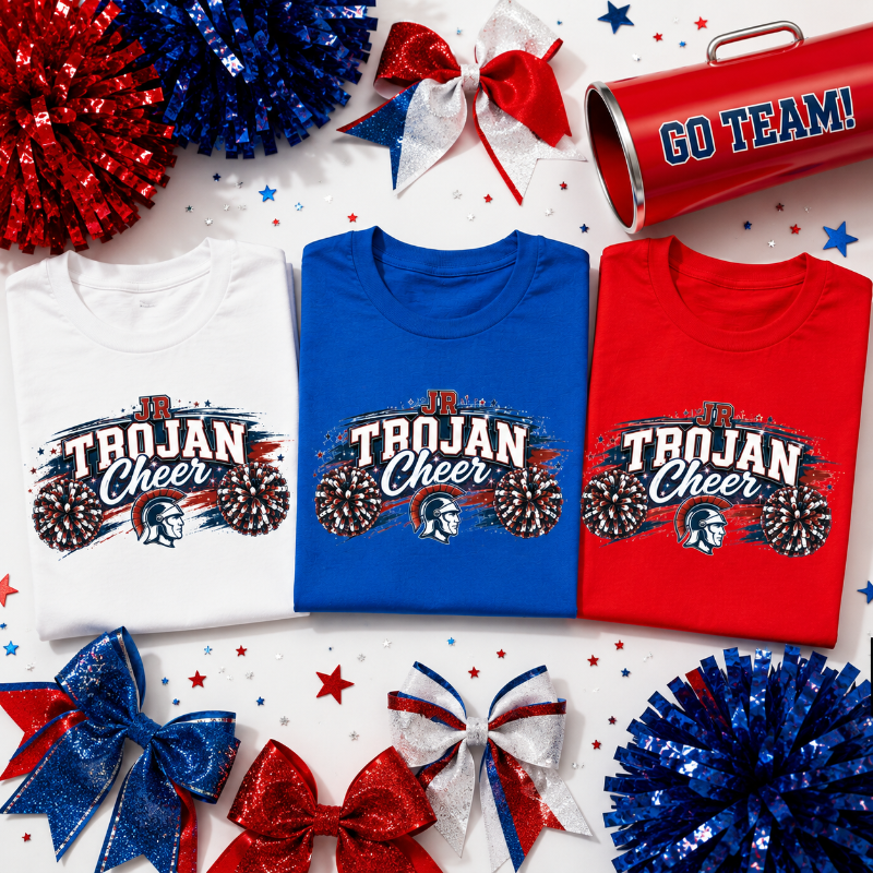 Three folded T-shirts in white, blue, and red are arranged on a white background with patriotic pom-poms, bows, and a red megaphone. Each shirt has a large 'TROJAN Cheer' graphic with pinecones and a Spartan helmet.