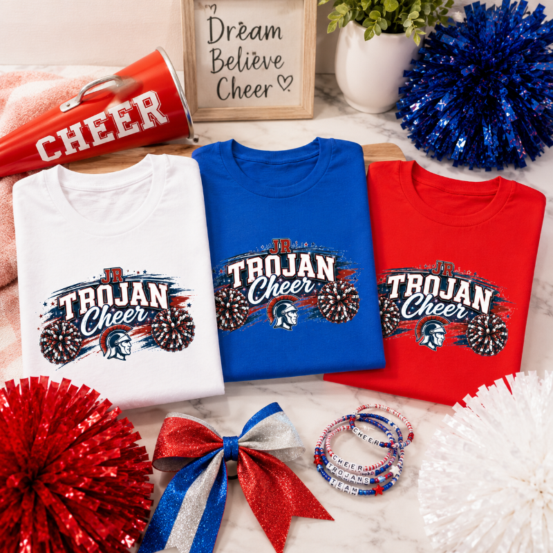 Three folded T-shirts in white, blue, and red are arranged on a marble surface with cheer-themed props, including a red megaphone, blue and red pom-poms, a red-and-white ribbon bow, wristbands, and a framed sign that reads 'Dream Believe Cheer.' The shirts each have a large 'TROJAN Cheer' graphic with a horse logo.