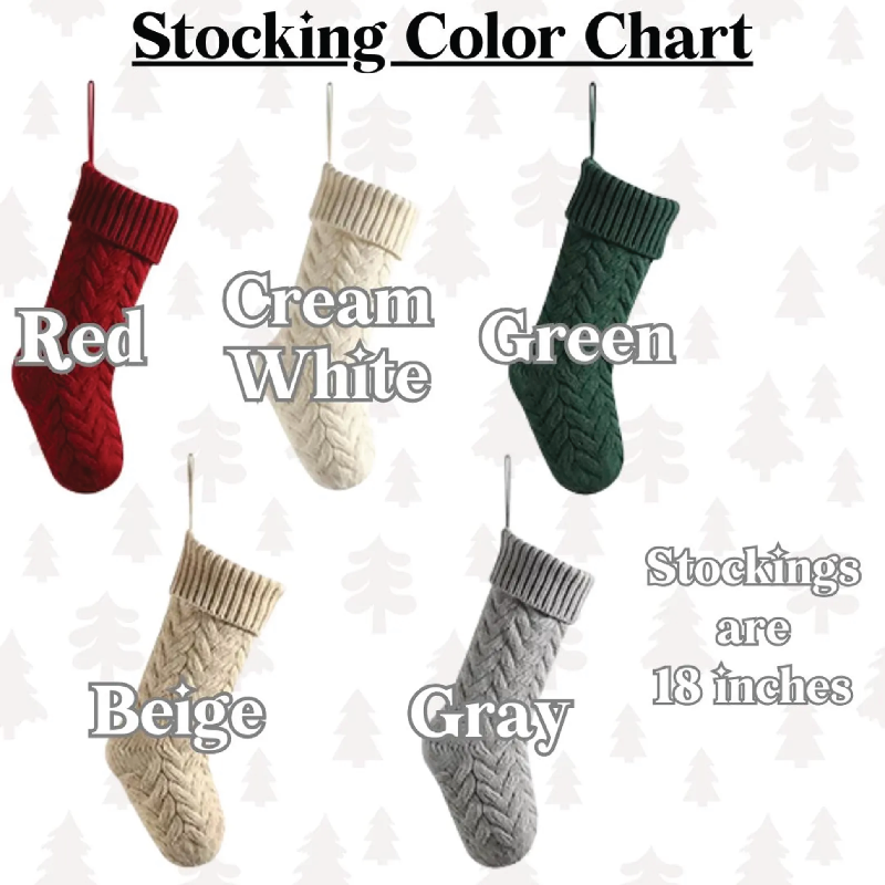 Color chart of Christmas stockings in red, cream, white, green, beige, and gray on a textured background.