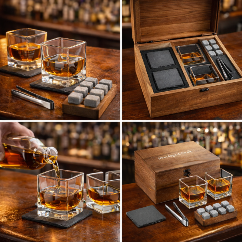 Set of whiskey glasses with wooden box, coasters, and ice stones on a bar setting.