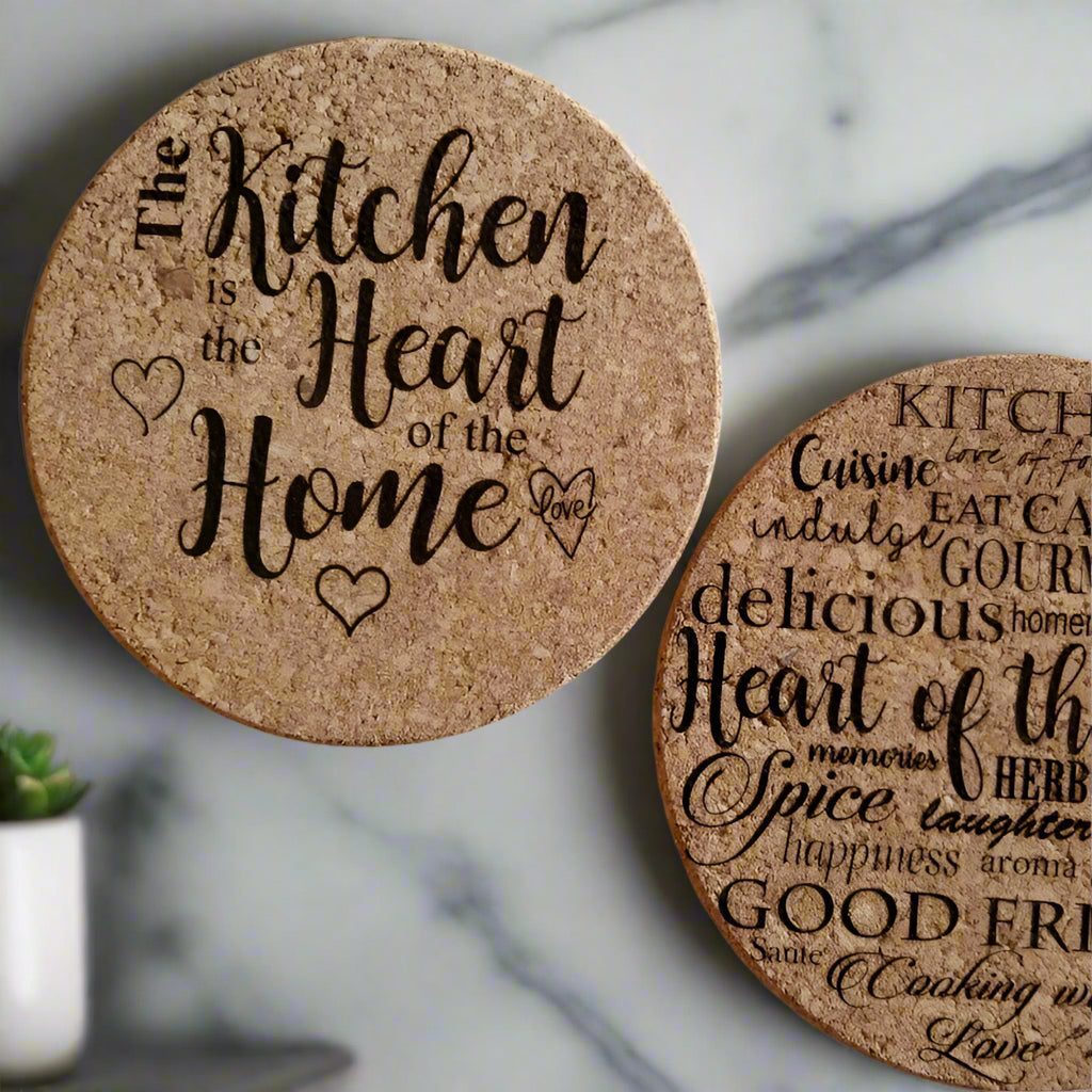 Two cork coasters with text about the kitchen and home on a white background