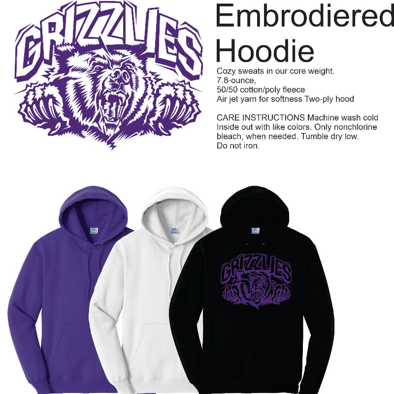 Three hoodies in blue, white, and black with 'Grizzlies' logo on a white background.