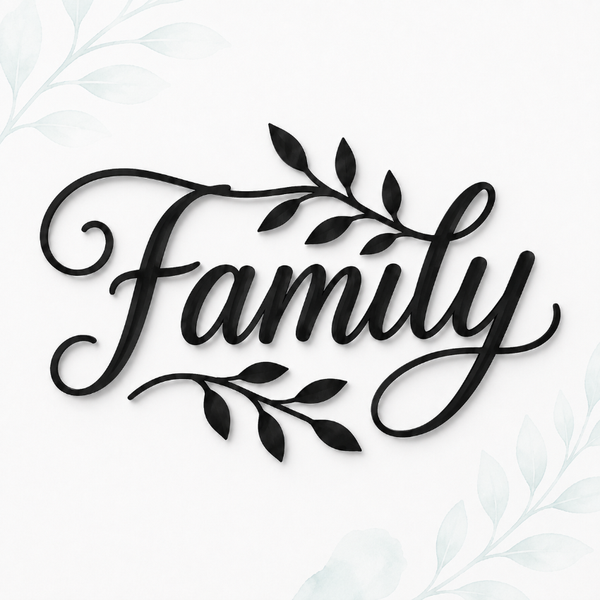 Black acrylic script wall art spelling 'Family' with leafy branches, shown on a white background with subtle light gray botanical corner accents.