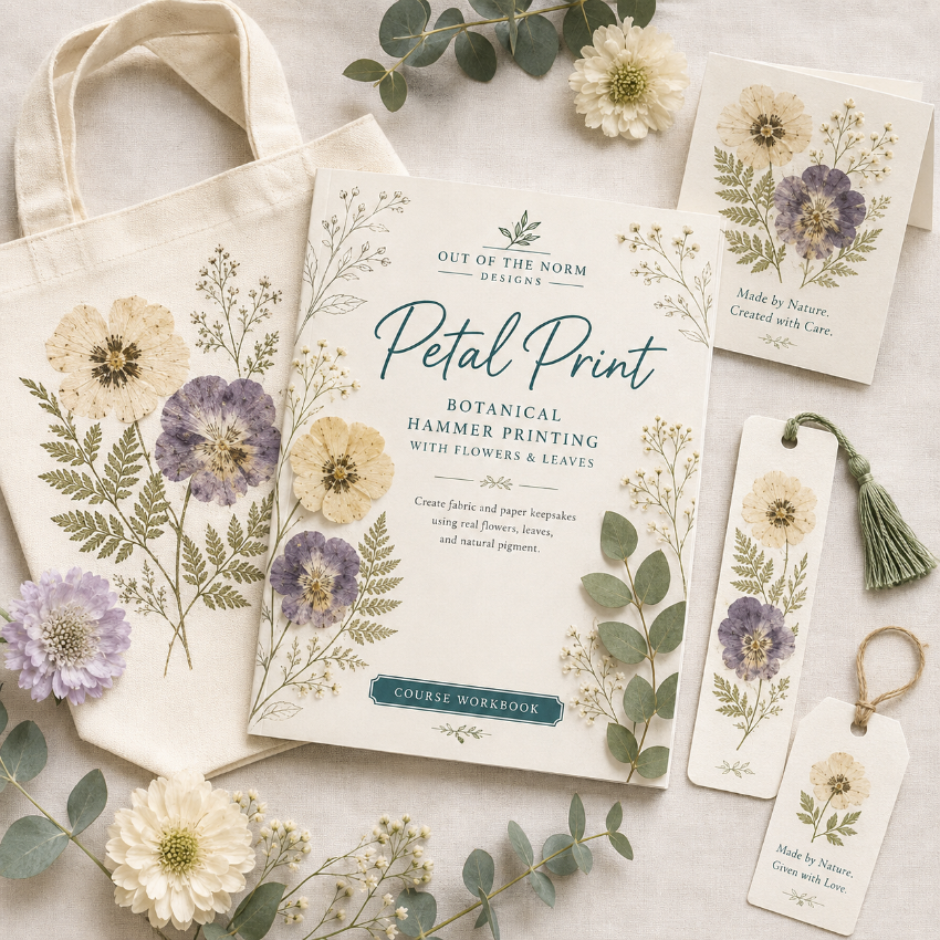 A styled flat-lay of a botanical hammer printing workbook titled 'Petal Print' with matching paper tags and a canvas tote bag, all decorated with illustrated flowers and leaves on a neutral background with real floral props.