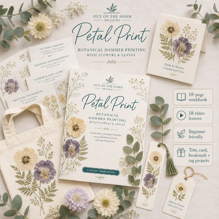 Botanical hammer printing course workbook and kit set by Out of the Norm Designs, featuring a canvas tote bag, printed cards, bookmarks, and a tassel, all decorated with cream flowers, purple blossoms, and green leaves on a light gray background.