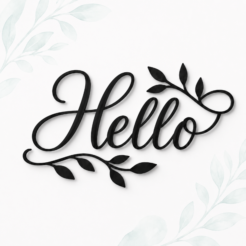 Black cursive 'Hello' wall art with decorative leafy flourishes, shown on a white background with faint pale green botanical corner accents.