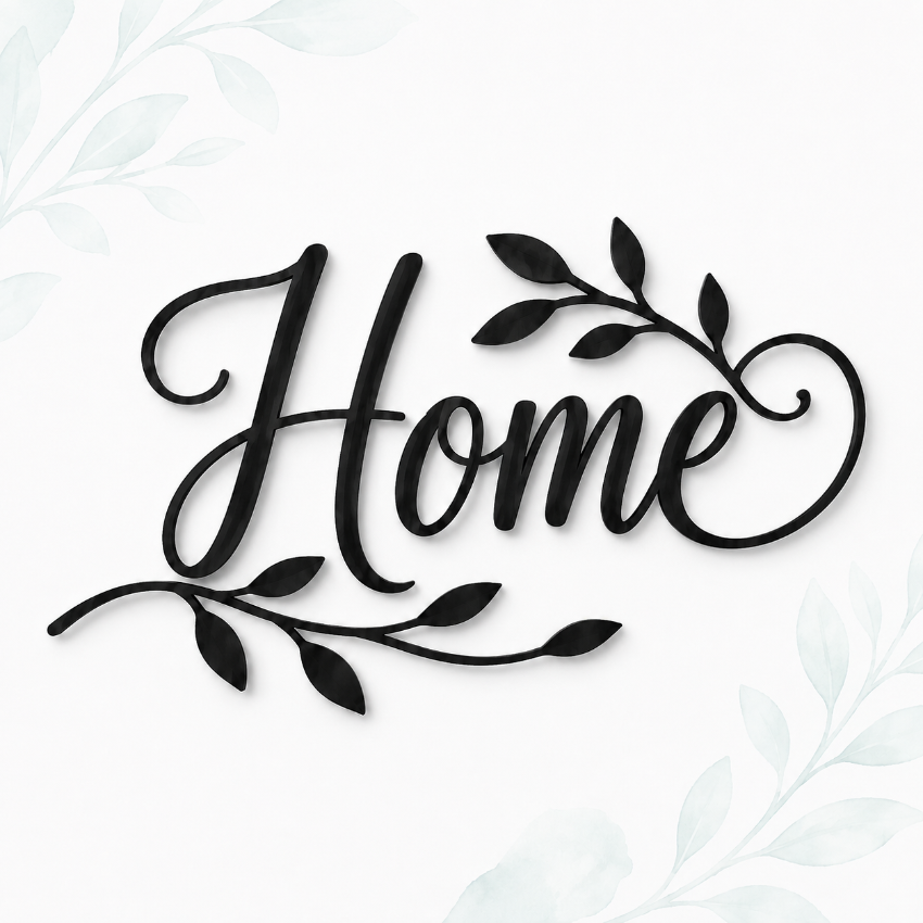 Black acrylic wall art featuring the word 'Home' in elegant cursive script, decorated with leafy vine branches, shown on a white background with faint watercolor floral motifs in the corners.