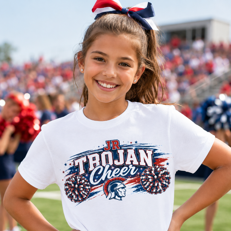 A smiling young girl stands on a football field wearing a white graphic T-shirt that reads 'JR TROJAN Cheer' in red, white, and blue, with a red, white, and blue hair bow. The background shows blurred stadium seating and other cheerleaders.