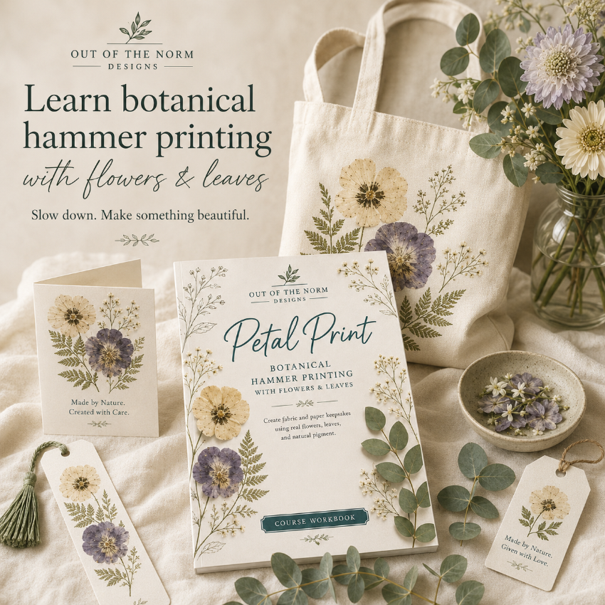 A styled flat-lay of botanical-themed printed materials from Out of the Norm Designs, including a canvas tote bag, a booklet titled 'Petal Print,' cards, and a small bowl of flowers, arranged on a light neutral surface with eucalyptus stems and a glass vase.