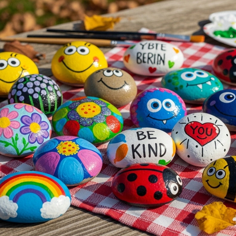 Colorful painted rocks with various designs and messages on a checkered cloth.