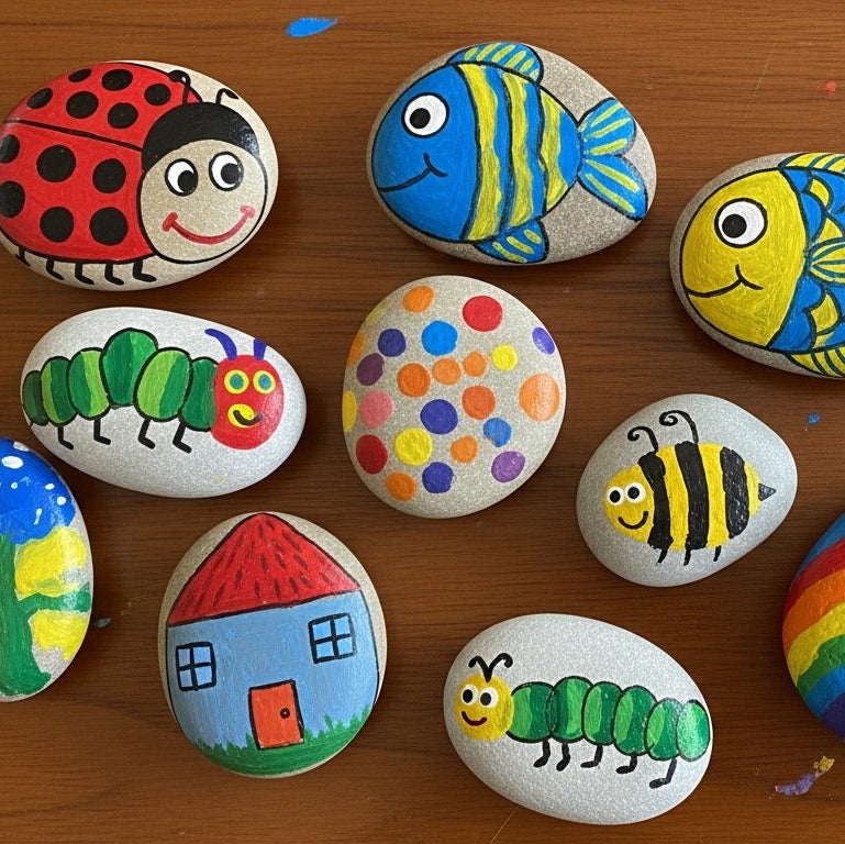 Colorful painted rocks on a wooden surface