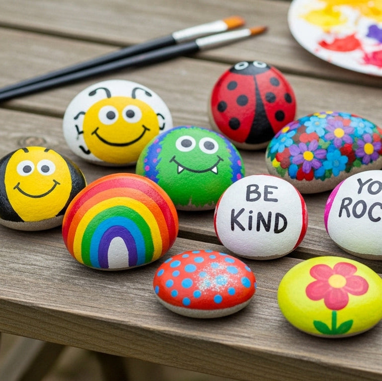 Colorful painted rocks on a wooden surface with art supplies in the background.