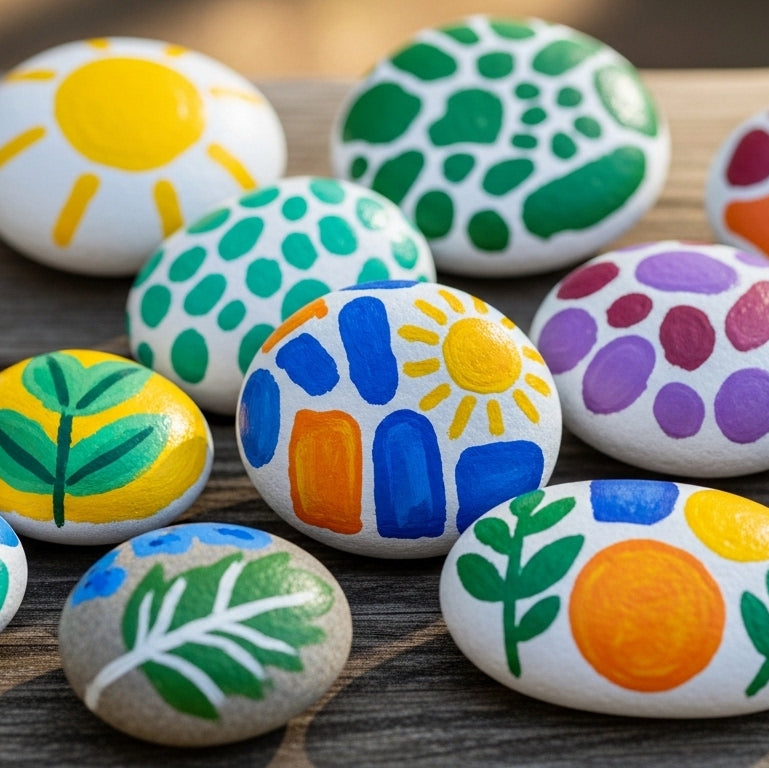 Colorful painted rocks on a wooden surface