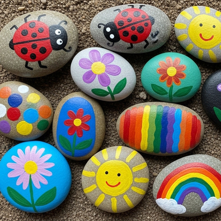 Collection of colorful painted rocks including flowers, rainbows, and ladybugs on a textured surface.