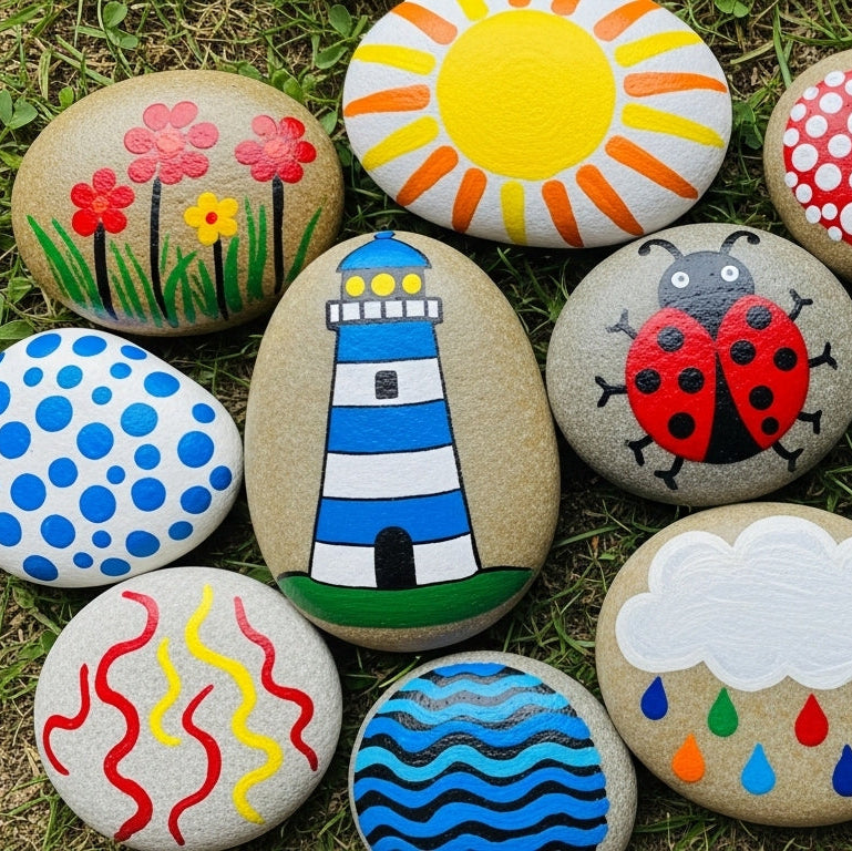 Decorative stones with various designs including flowers, sun, ladybug, frog, lighthouse, and rainbows on a grassy background.