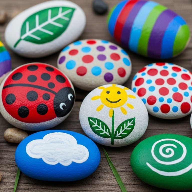 Colorful painted rocks with various designs on a wooden surface