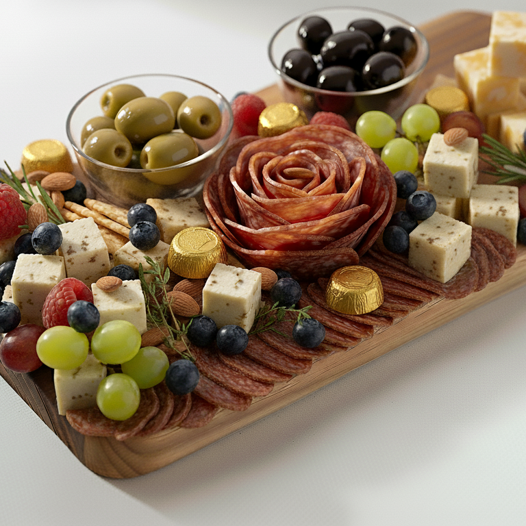 Wooden charcuterie board with various meats, cheeses, and fruits on a white surface