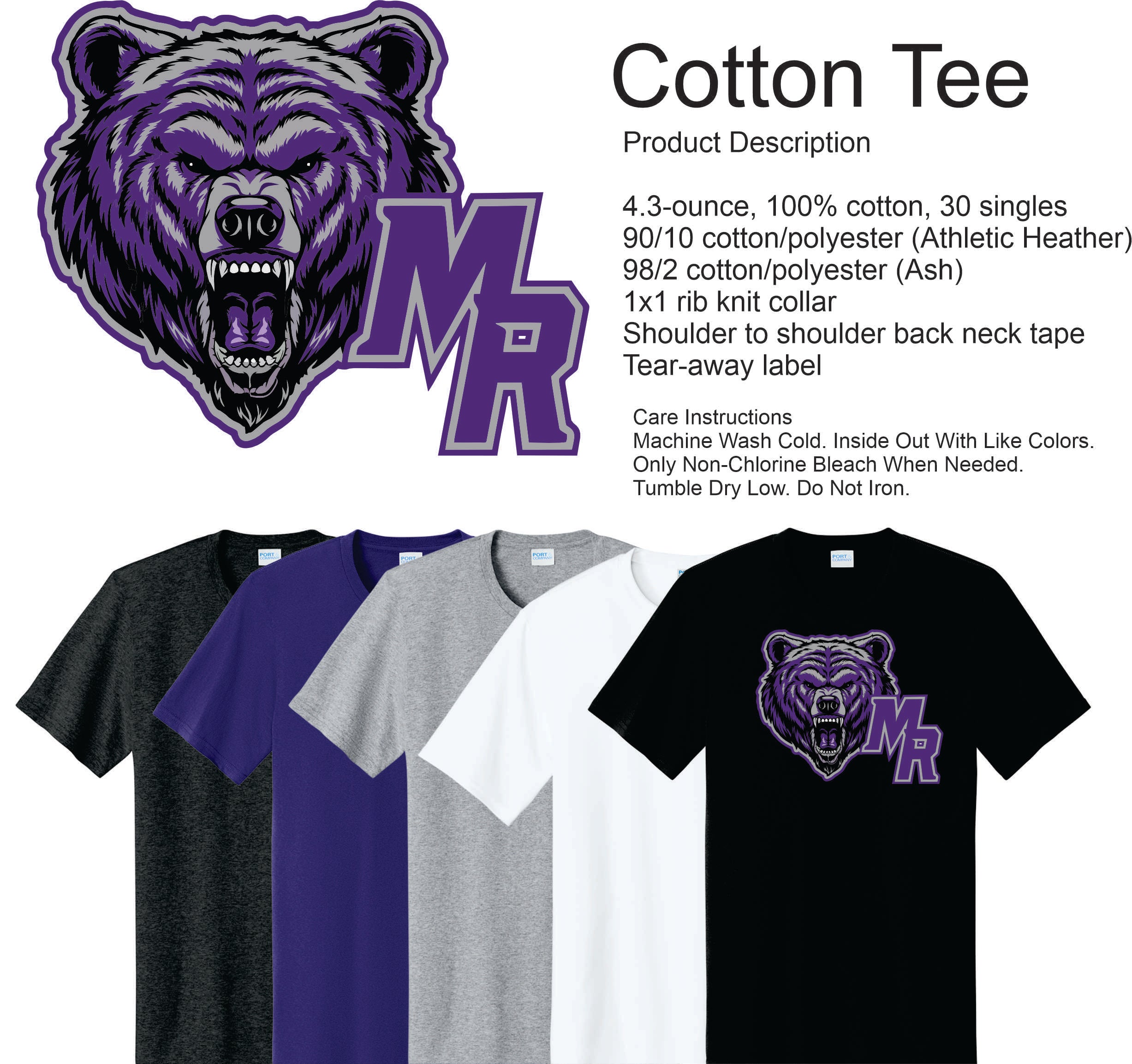 T-shirts with bear graphic and 'MR' letters on a white background