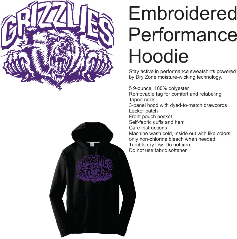 Black hoodie with blue 'Grizzlies' logo on a white background