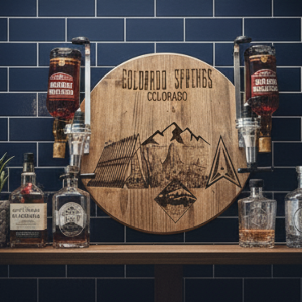 Wooden sign with 'Colorado Springs, Colorado' design on a bar shelf with bottles and glasses.