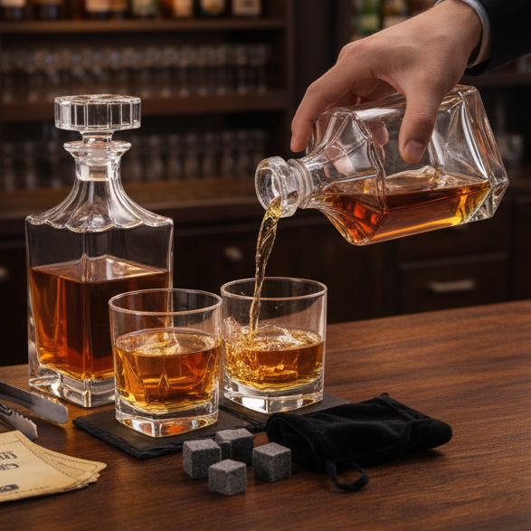 A person pouring whiskey, a bar scene with people, and a wooden whiskey box.