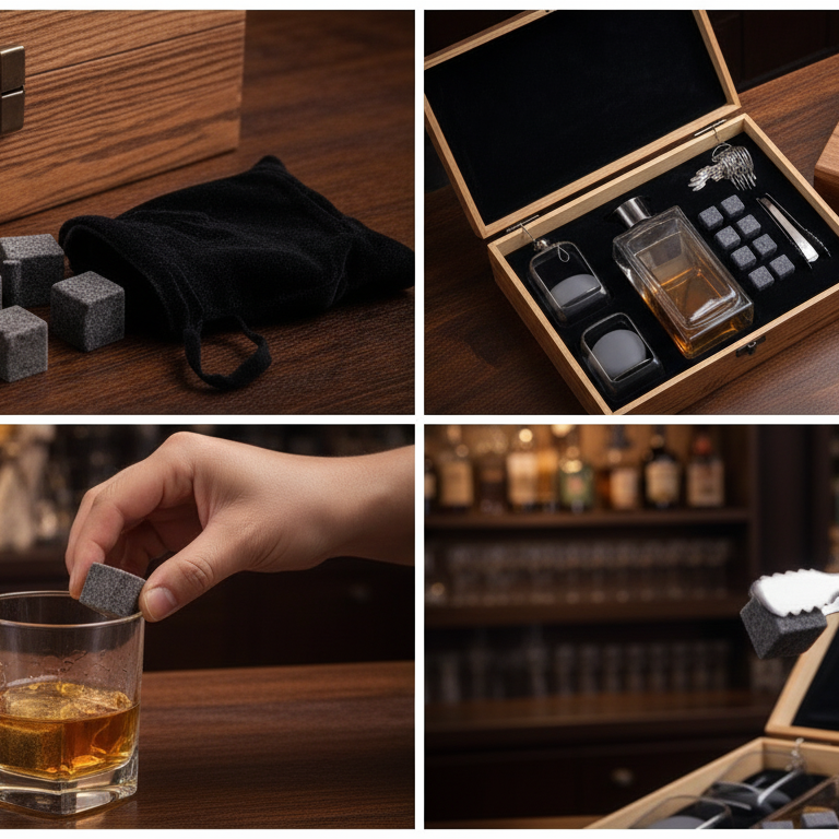 Collage of a wooden box with whiskey stones, a glass of whiskey, and a hand using a stone.