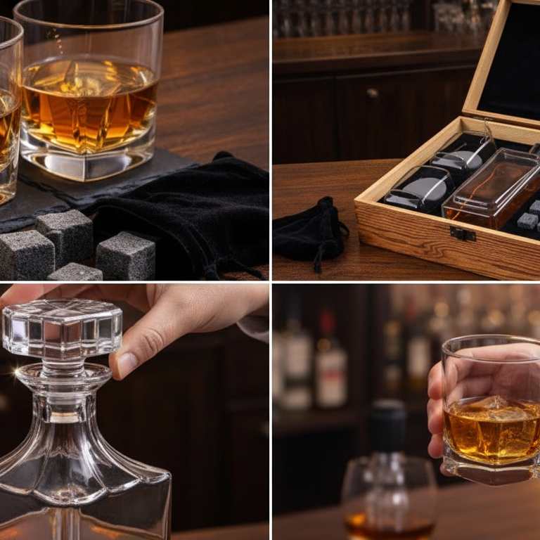 Collage of images featuring whiskey glasses, a decanter, and a wooden box with whiskey bottles.