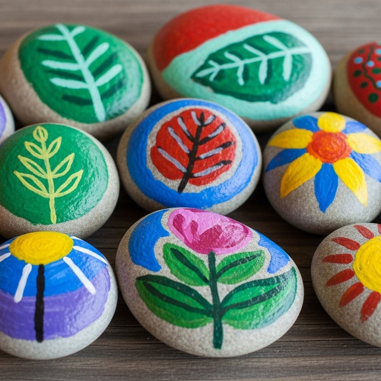 Colorful painted stones with floral and leaf designs on a wooden surface