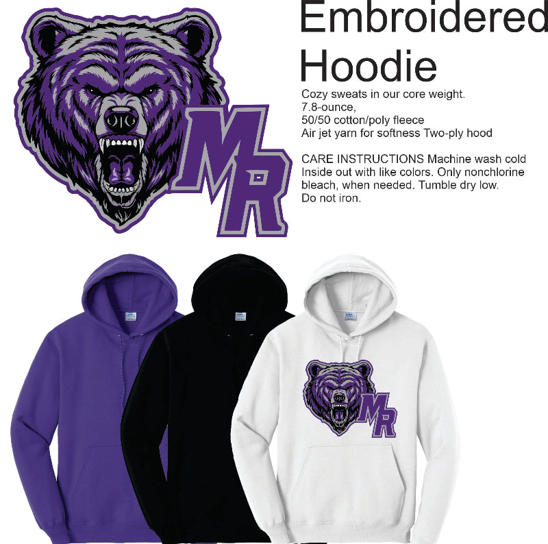 Embroidered hoodie with bear graphic and 'MR' letters on blue, black, and white hoodies.