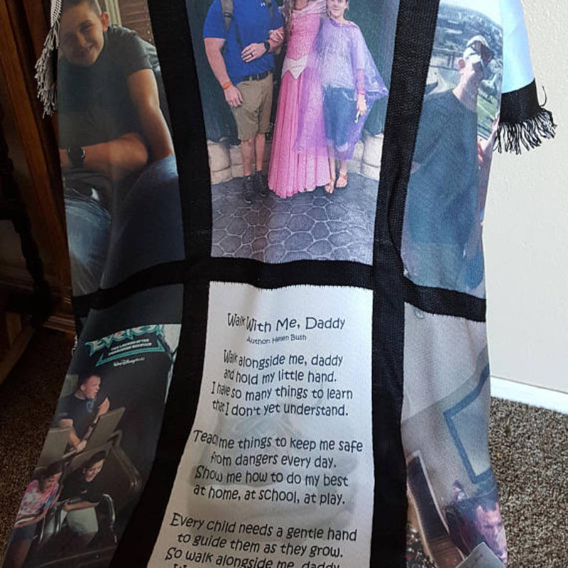 Personalized bag with family photos and text on a carpeted floor.
