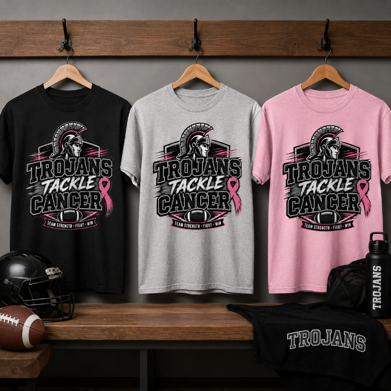 Three graphic T-shirts displayed on wooden hangers on a rack, in black, heather gray, and light pink. The shirts feature a Spartan helmet and the text 'TROJANS TACKLE CANCER' with a pink ribbon and 'L.