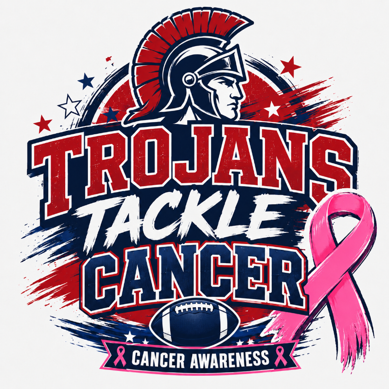A sports graphic design for a 'Trojans Tackle Cancer' awareness shirt or print. The design features a Spartan helmet, the word 'TROJANS' in distressed red letters, 'TACKLE' in white, and 'CANCER' in navy with white outlines.