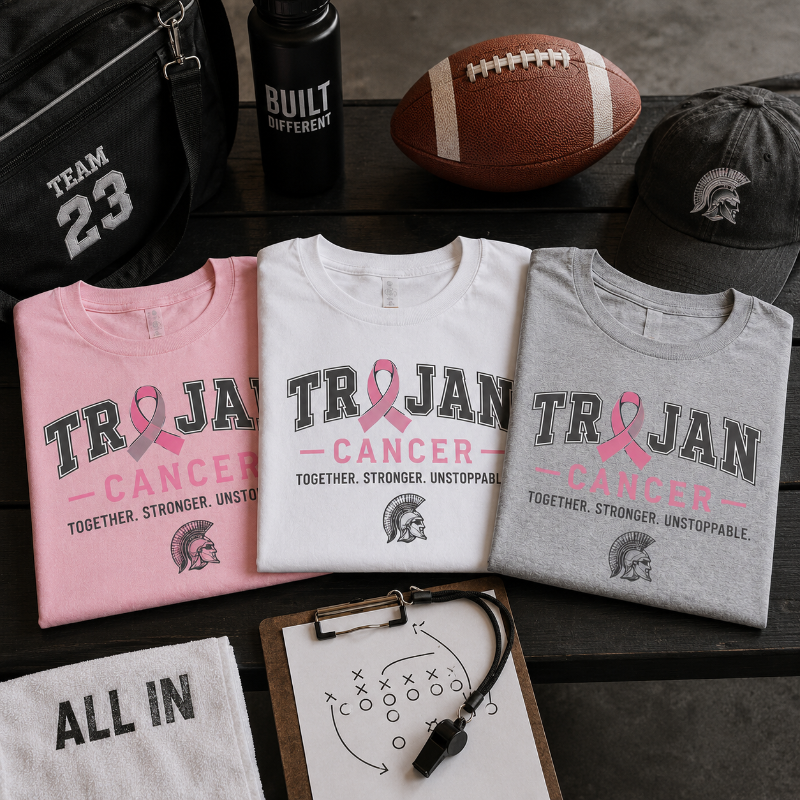 Three rolled T-shirts in pink, white, and heather gray are arranged on a dark wooden surface with a football, cap, water bottle, and other sports props around them. The shirts all show large 'TROJAN' text, a pink ribbon, 'CANCER' with 'TOGETHER.