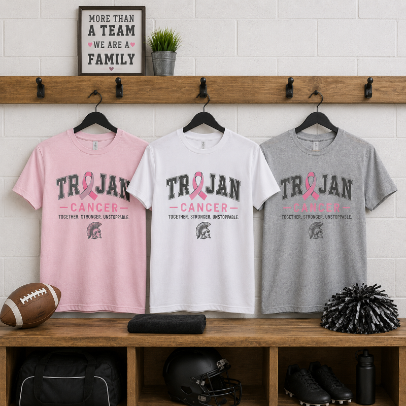 Three short-sleeve T-shirts displayed on hangers on a wooden wall rack in a locker-room style setting. The shirts are pink, white, and heather gray, each printed with the word 'TROJAN' in large dark letters, a pink ribbon, the word 'CANCER,' and smaller text reading 'TOGETHER STRONG, UNSTOPPABLE' with a Spartan helmet graphic.