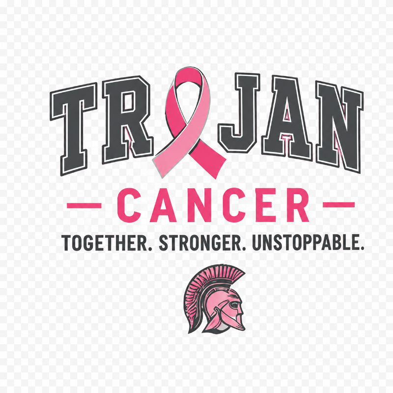Trojan Cancer breast cancer awareness graphic with a pink ribbon, the words 'TROJAN' and 'CANCER', the slogan 'TOGETHER. STRONGER.