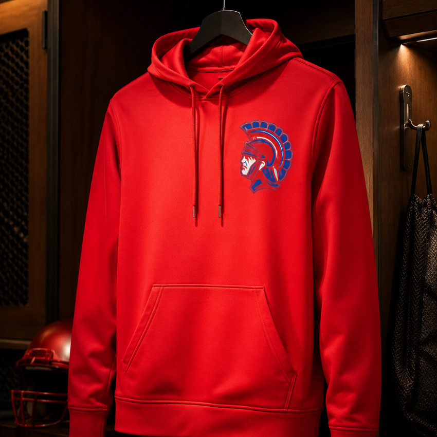 A bright red pullover hoodie hanging on a black hanger inside a dark wooden locker room. The hoodie features a blue and white Spartan helmet logo on the left chest and a front kangaroo pocket.
