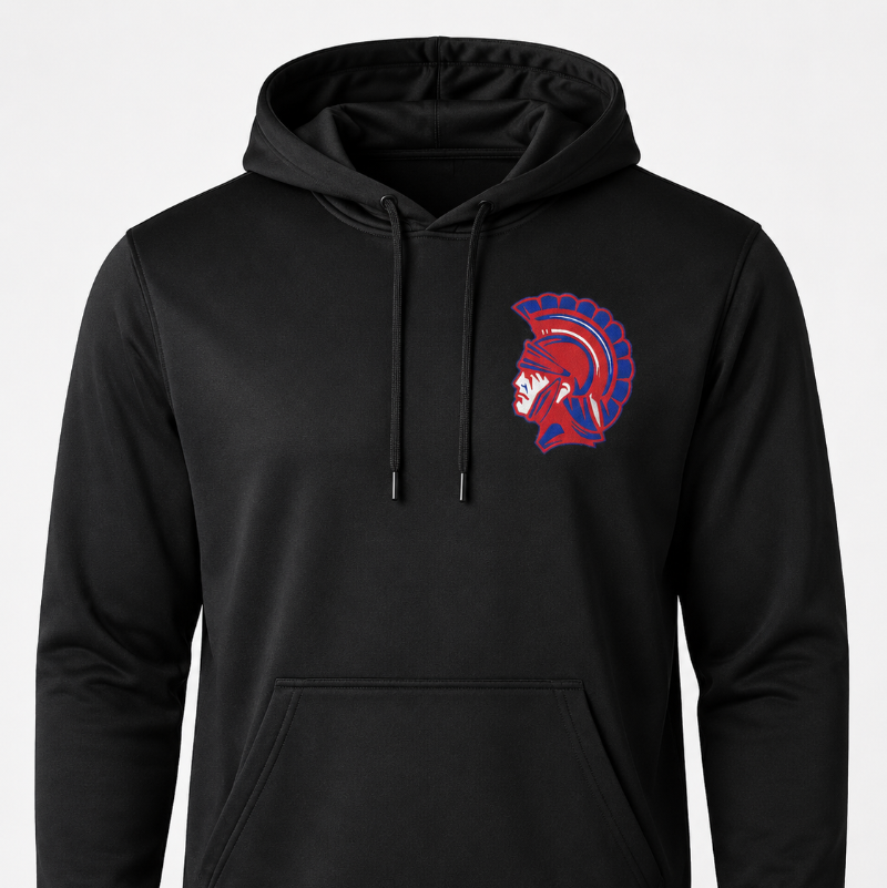 A black pullover hoodie with a drawstring hood and kangaroo pocket, featuring a red and blue Spartan helmet graphic on the left chest, shown against a light gray background.