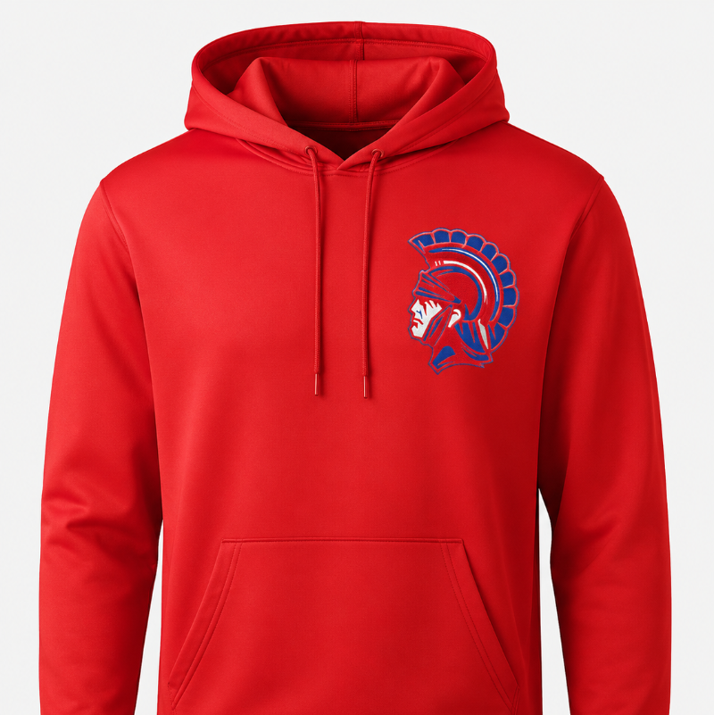 A red pullover hoodie with a drawstring hood and kangaroo pocket, featuring a blue and white Spartan helmet logo on the left chest, shown against a light gray background.