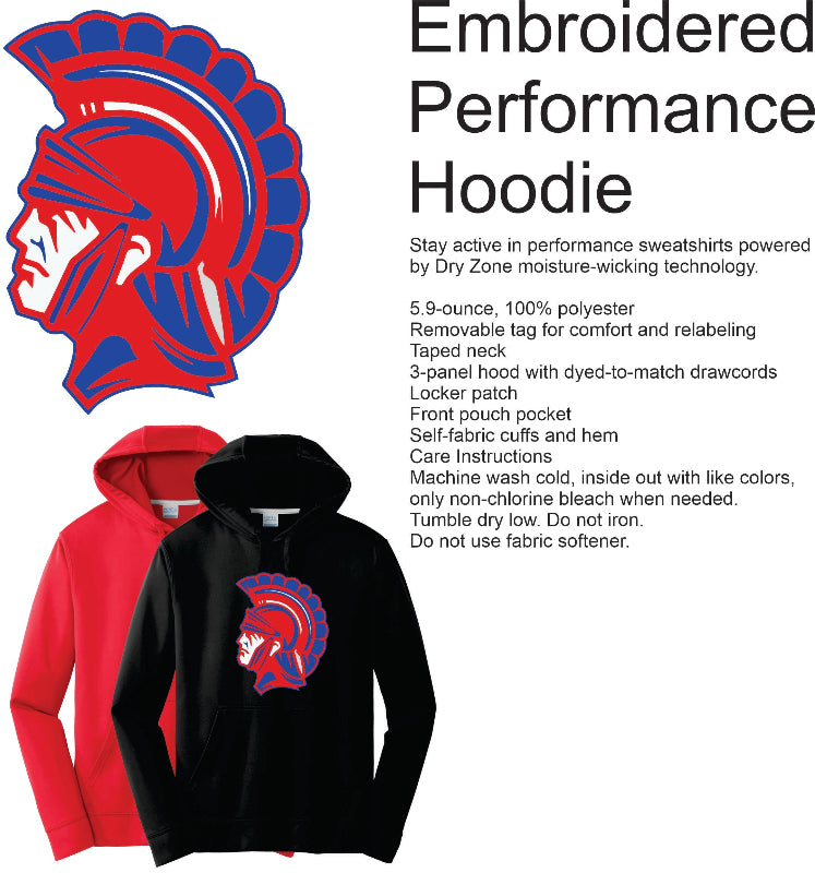 Promotional graphic for an embroidered performance hoodie showing a red and blue Spartan helmet logo, a red hoodie, and a black hoodie with the same embroidered logo. Text on the right lists features and care instructions.