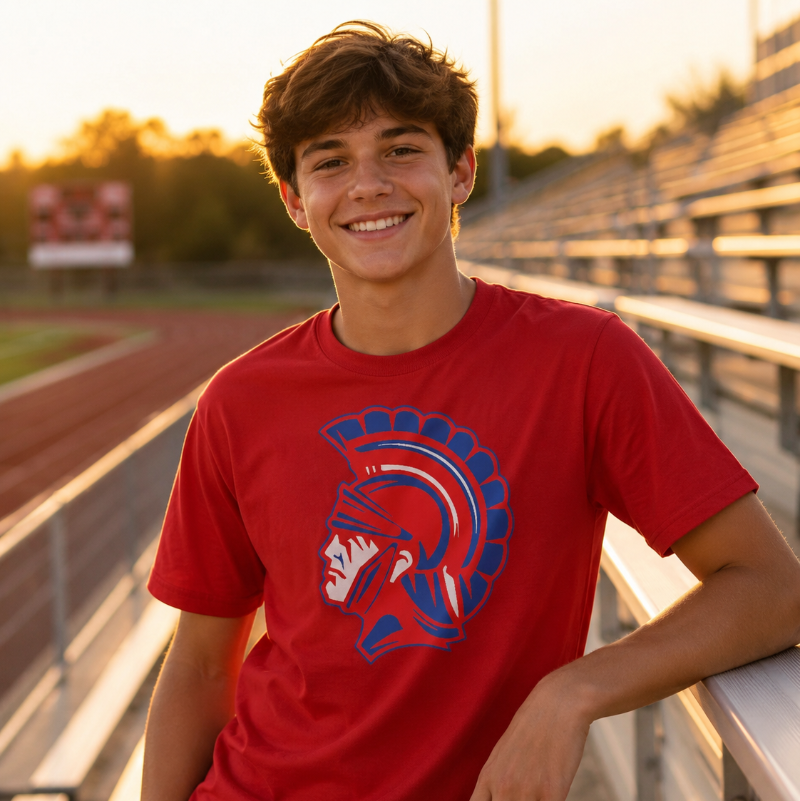 A smiling young man wearing a red short-sleeve t-shirt with a blue and white Spartan helmet graphic, standing on a school track field next to bleachers at sunset.